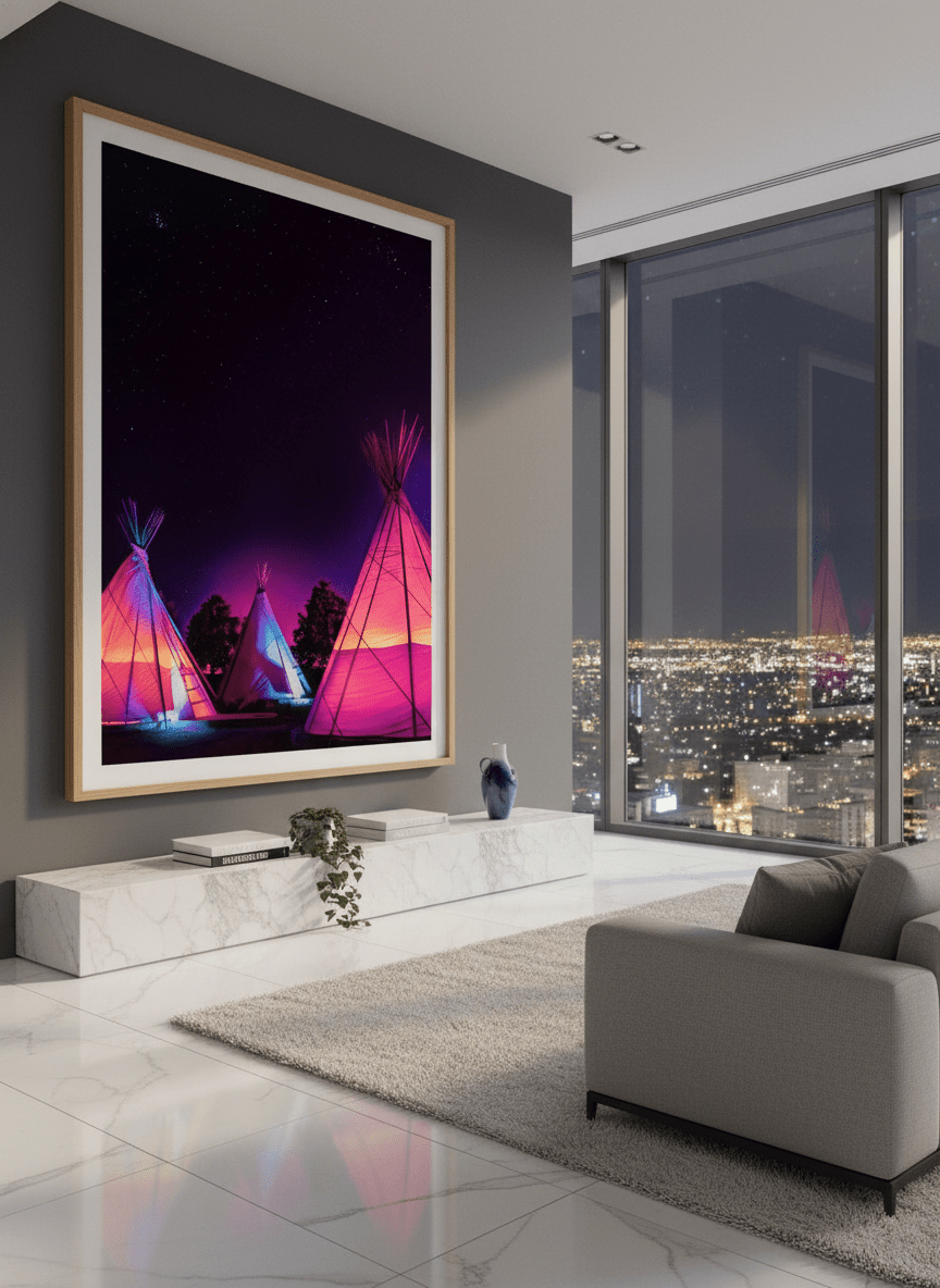 Monumental artwork centred on a feature wall in a luxe interior