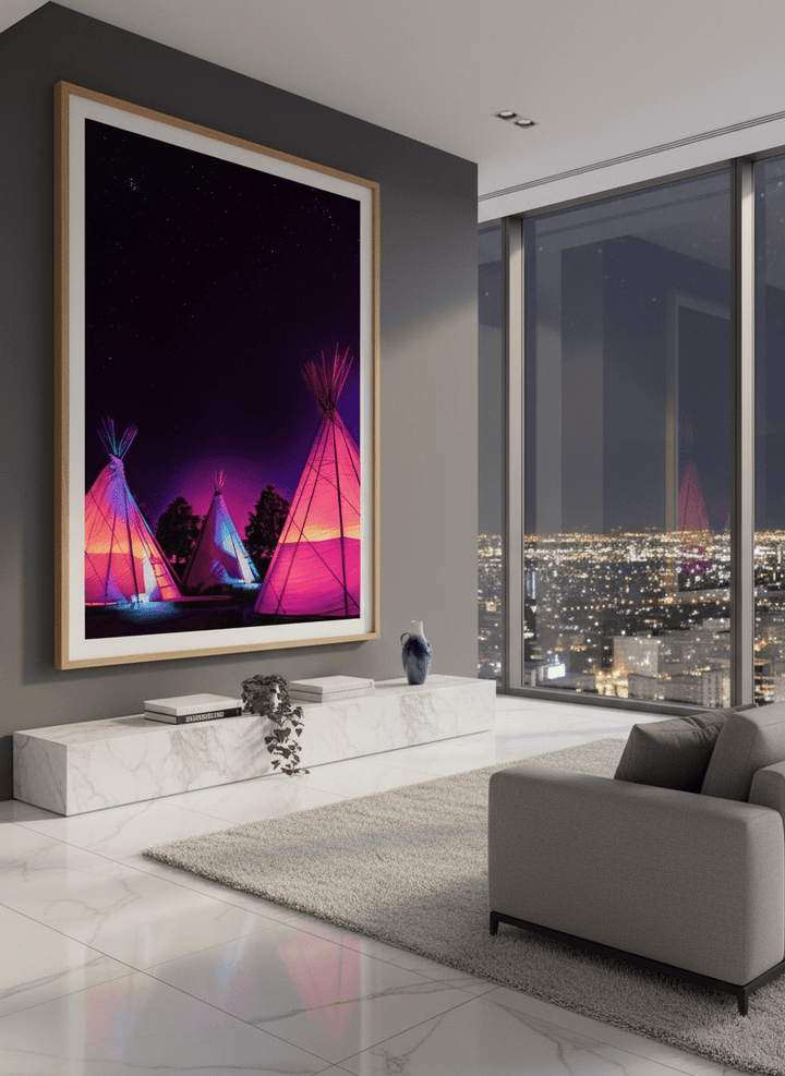 Monumental artwork centred on a feature wall in a luxe interior