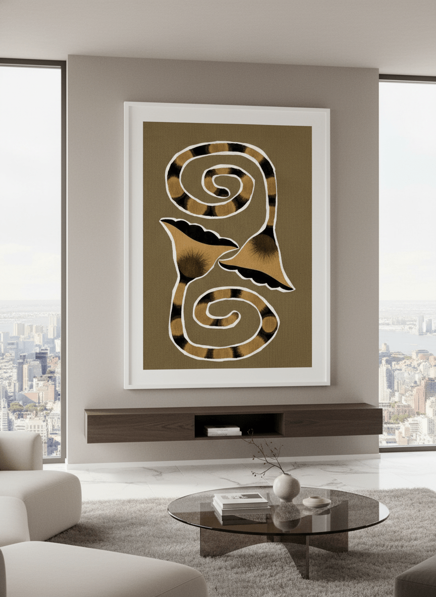 Monumental artwork centred on a feature wall in a luxe interior