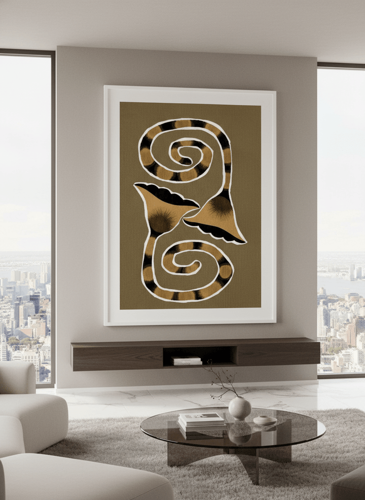 Monumental artwork centred on a feature wall in a luxe interior