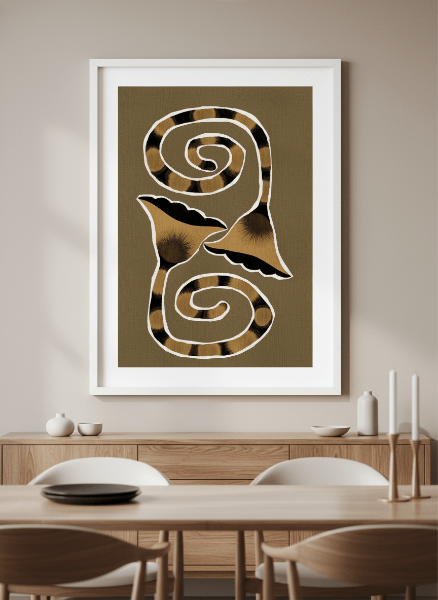 Wall art styled above a dining table in a contemporary home