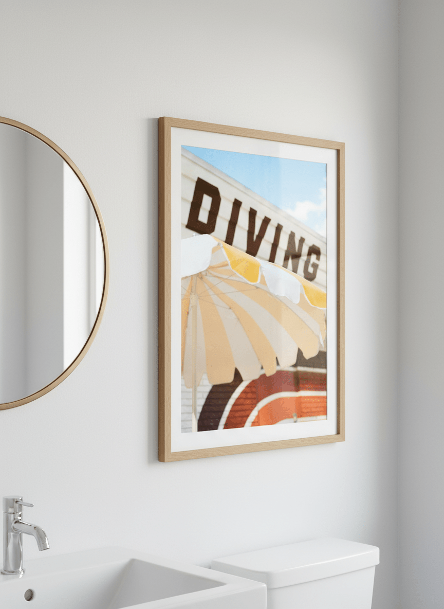Modern print displayed in a clean minimalist bathroom setting