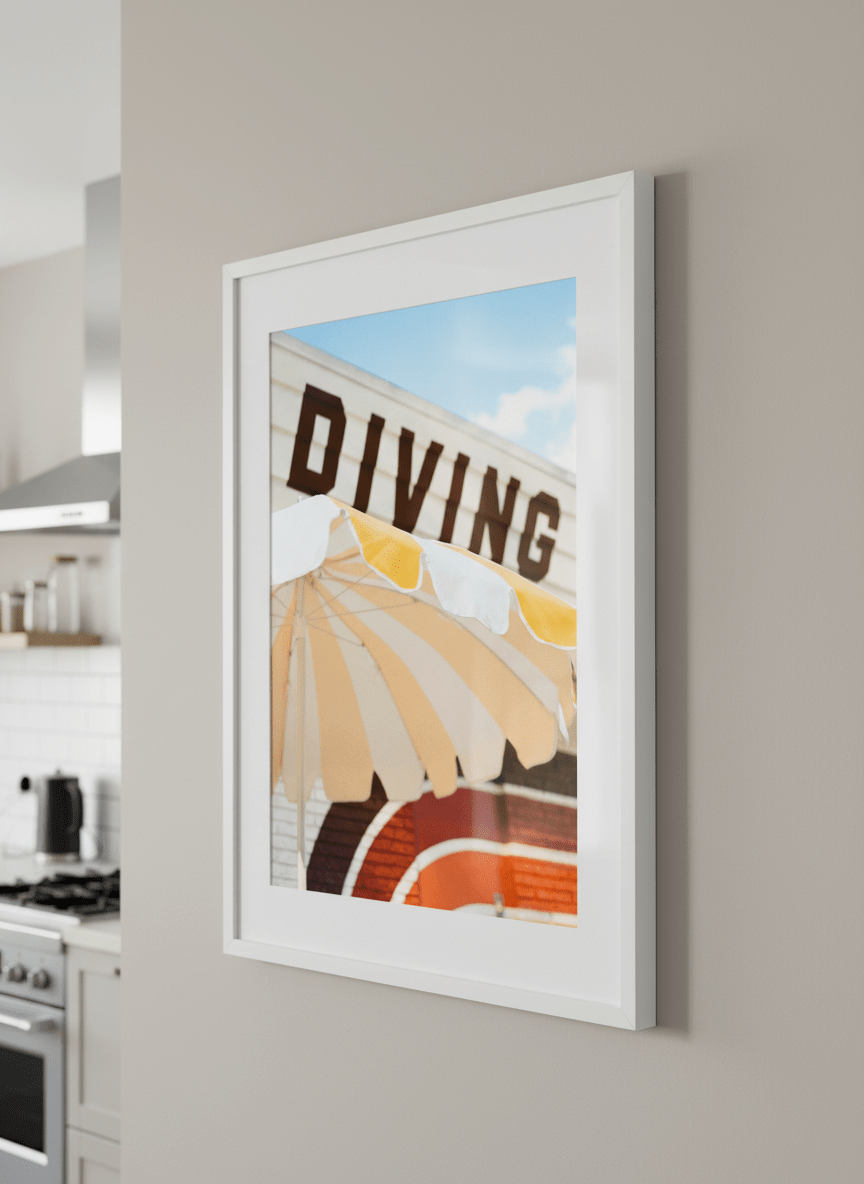 Artwork styled on the wall of a bright modern kitchen