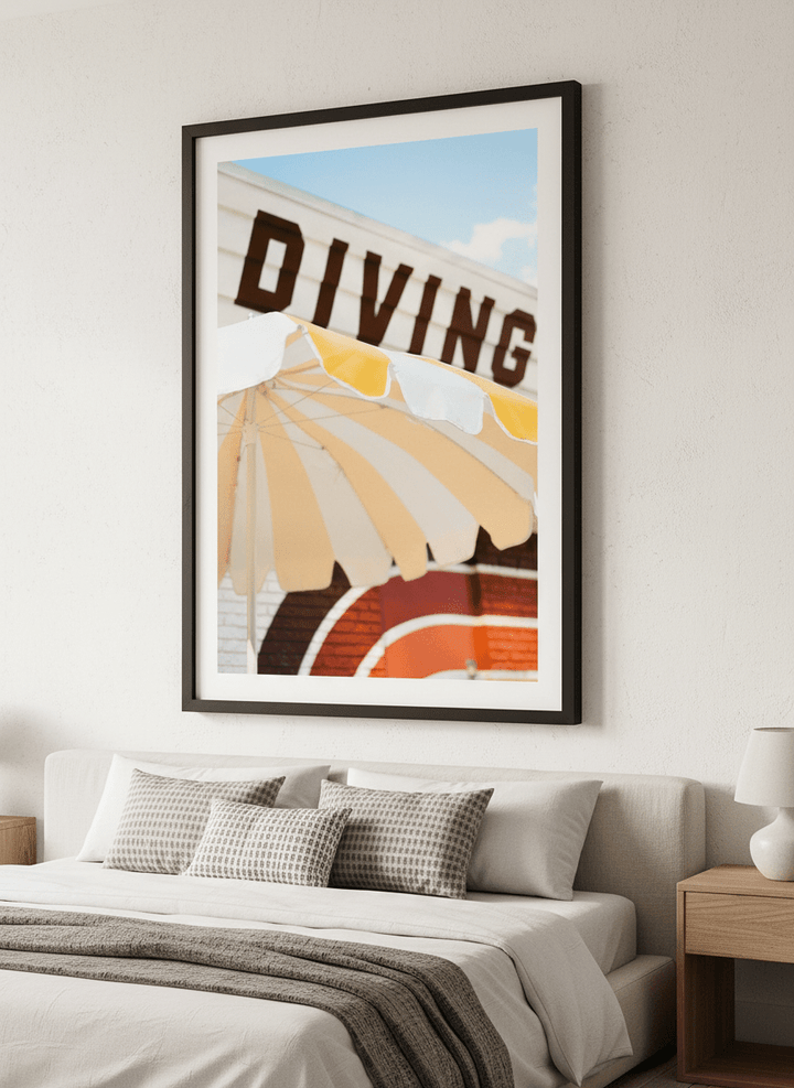 Minimalist artwork displayed in a calm, light-filled bedroom interior