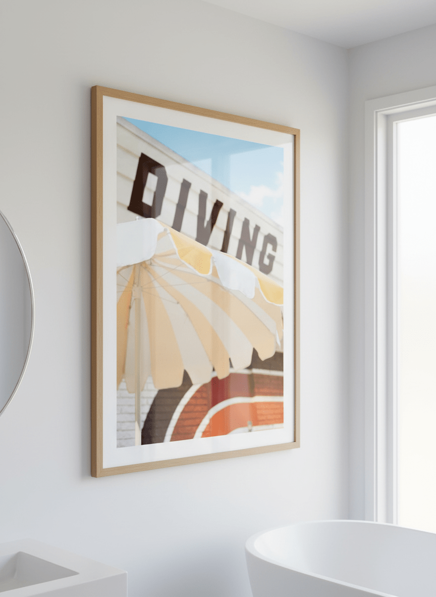 Modern print displayed in a clean minimalist bathroom setting