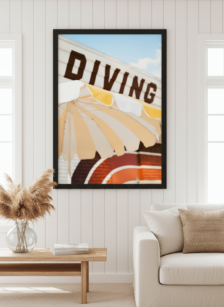 Neutral wall art displayed in a sunny coastal beach house