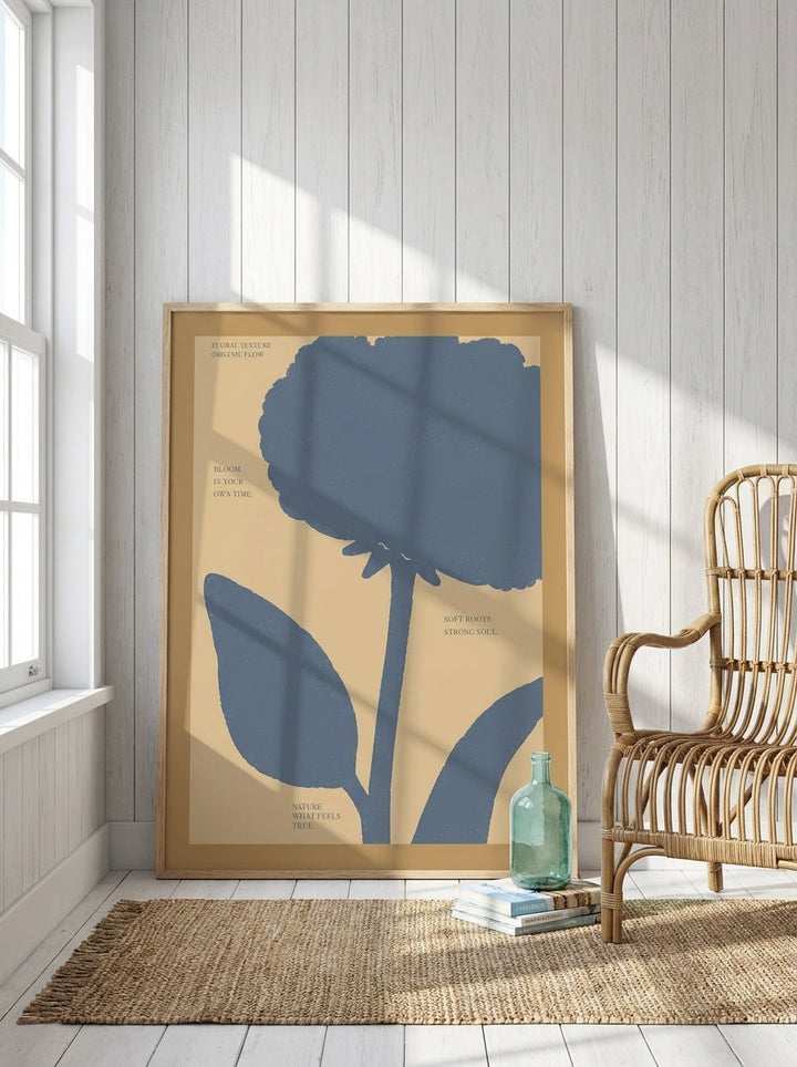 Modern wall art print leaning against the wall in a coastal bathroom