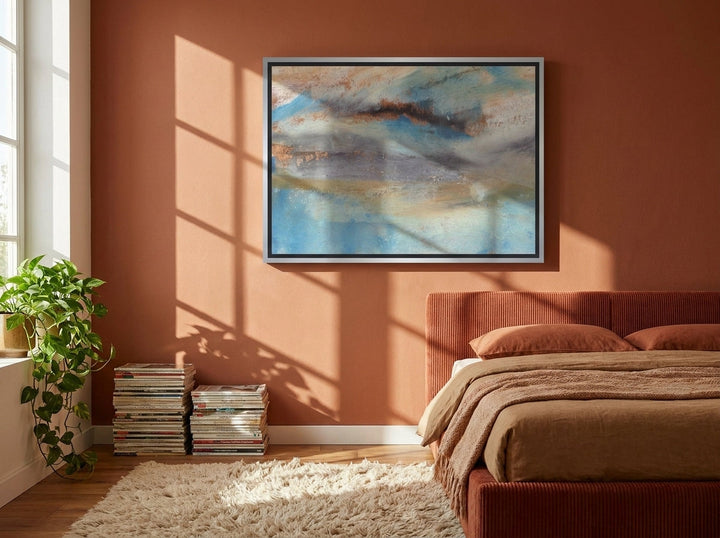 Canvas wall art with a silver leaf surround styled on the wall in a retro 70s bedroom