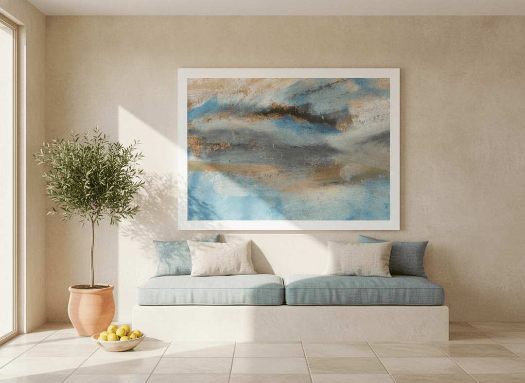 Oversized statement modern wall art print styled on the wall in a Mediterranean living room