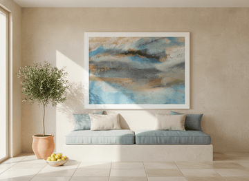 Oversized statement modern wall art print styled on the wall in a Mediterranean living room
