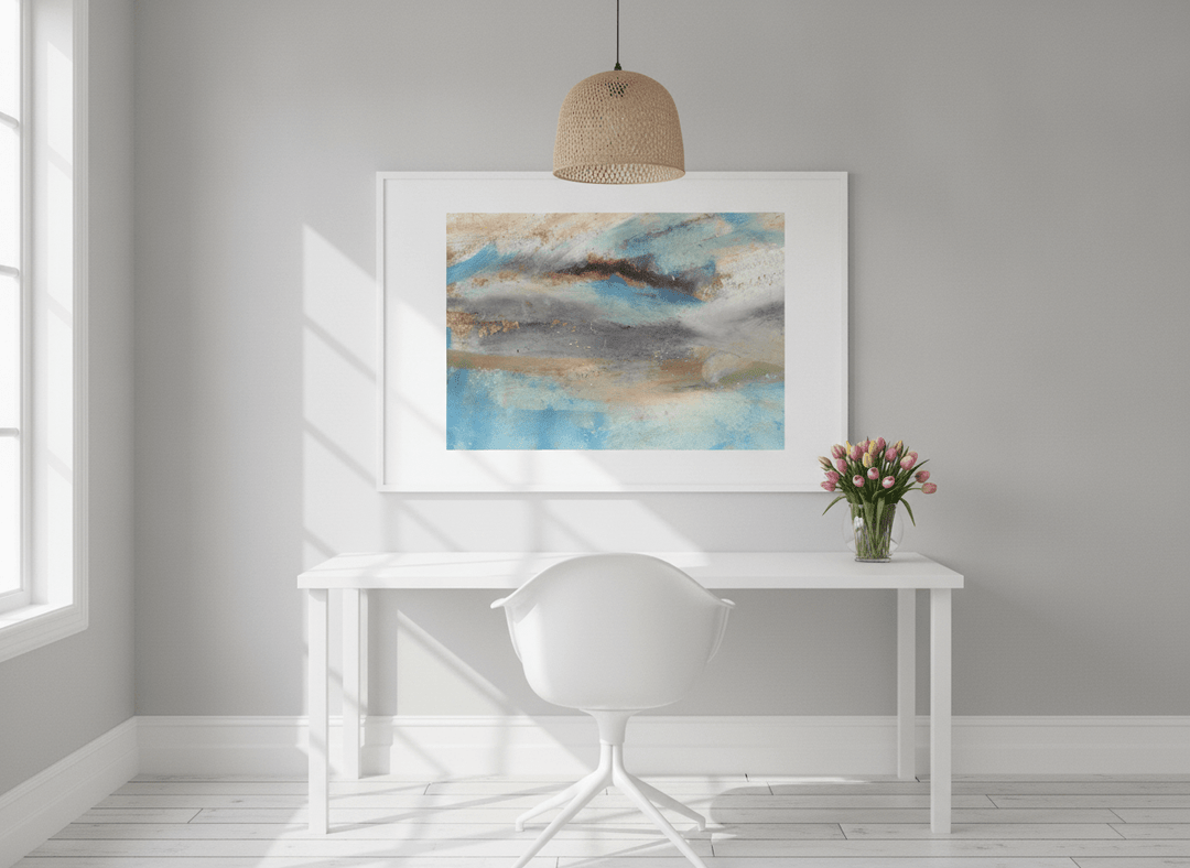 Modern wall art print styled on the wall in a bright Scandinavian home office