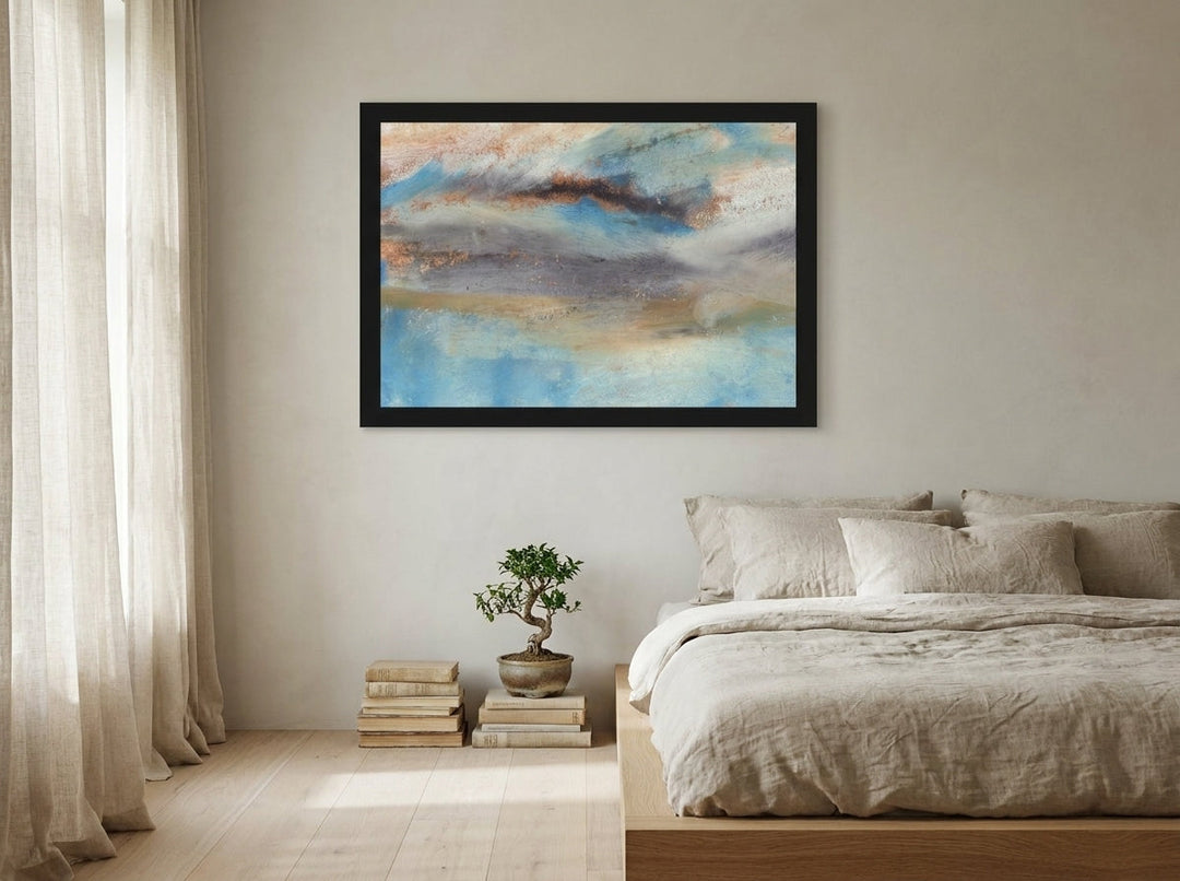 Modern wall art print styled on the wall in a warm Japandi bedroom