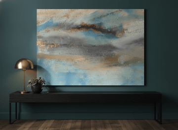 Stretched canvas wall art standing on a console in a moody bedroom