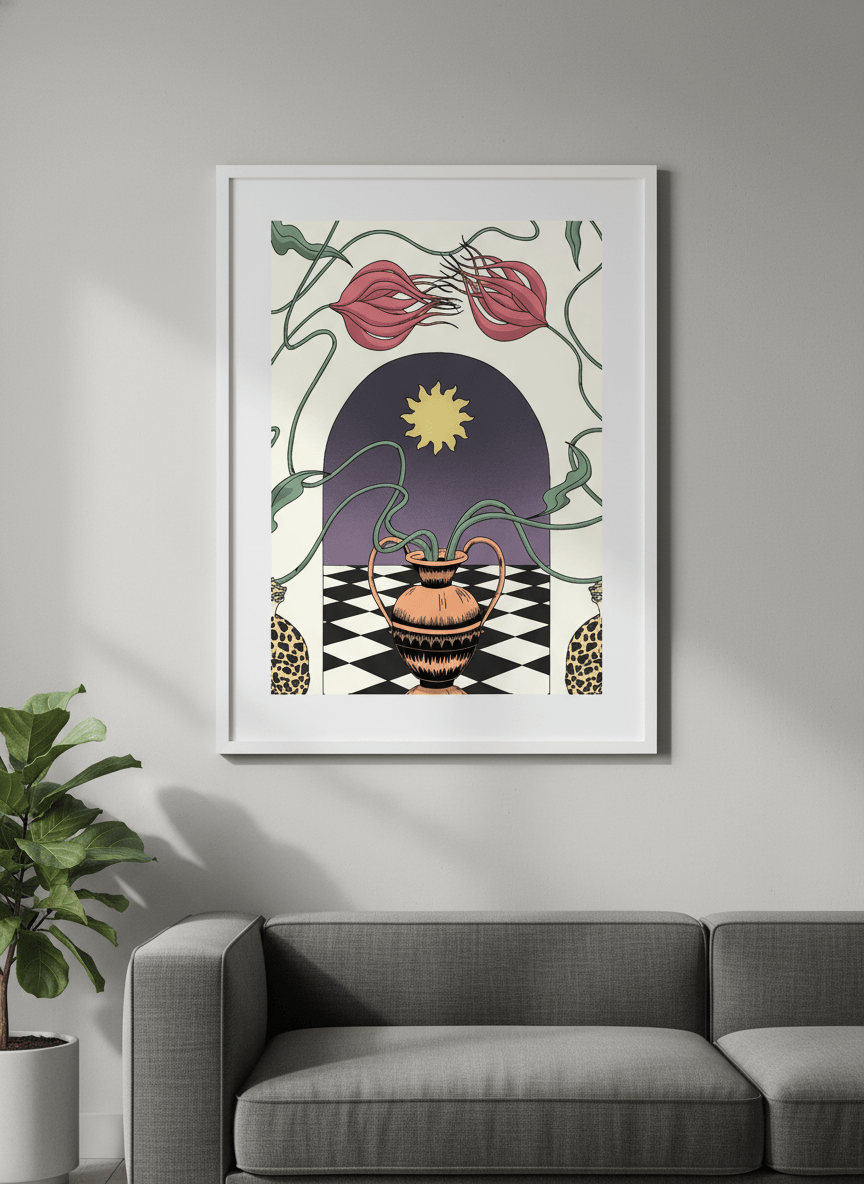 Modern wall art styled above a sofa in a neutral living room