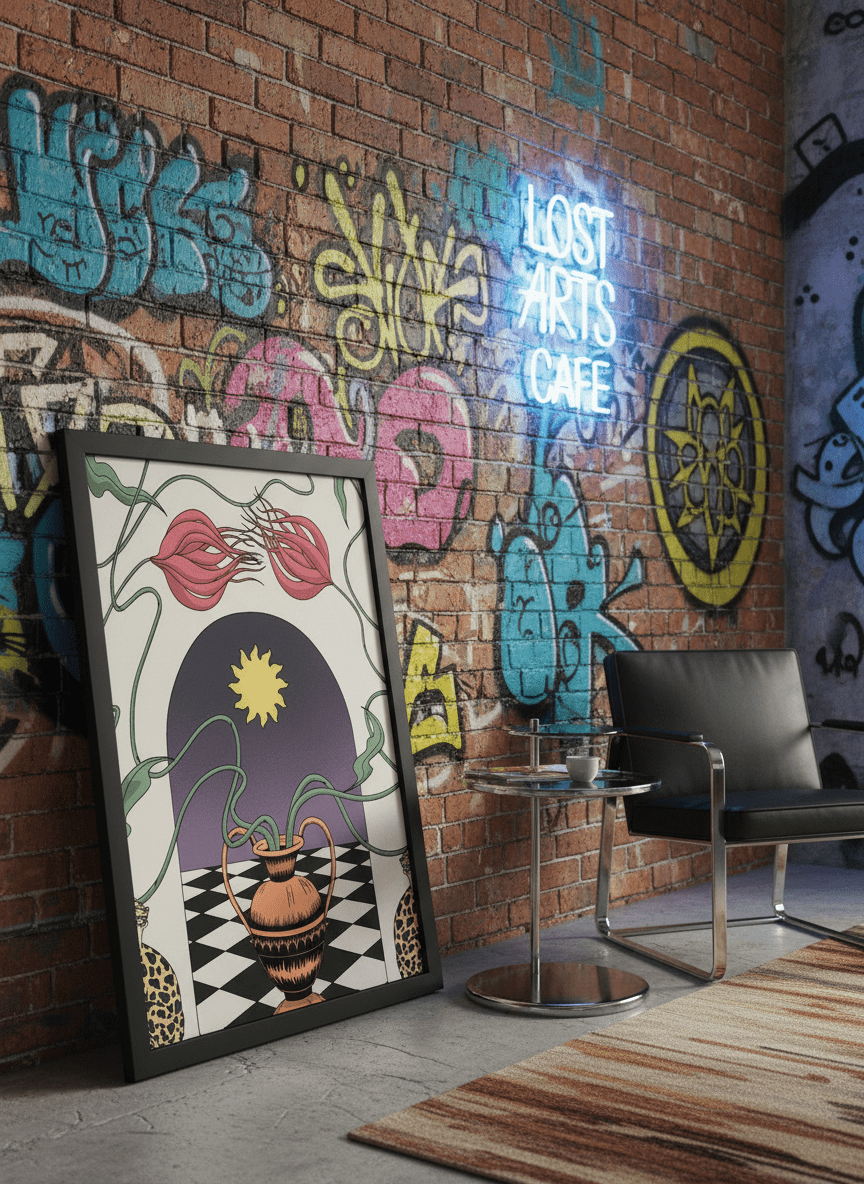 Bold wall art styled in a colourful, eclectic modern home