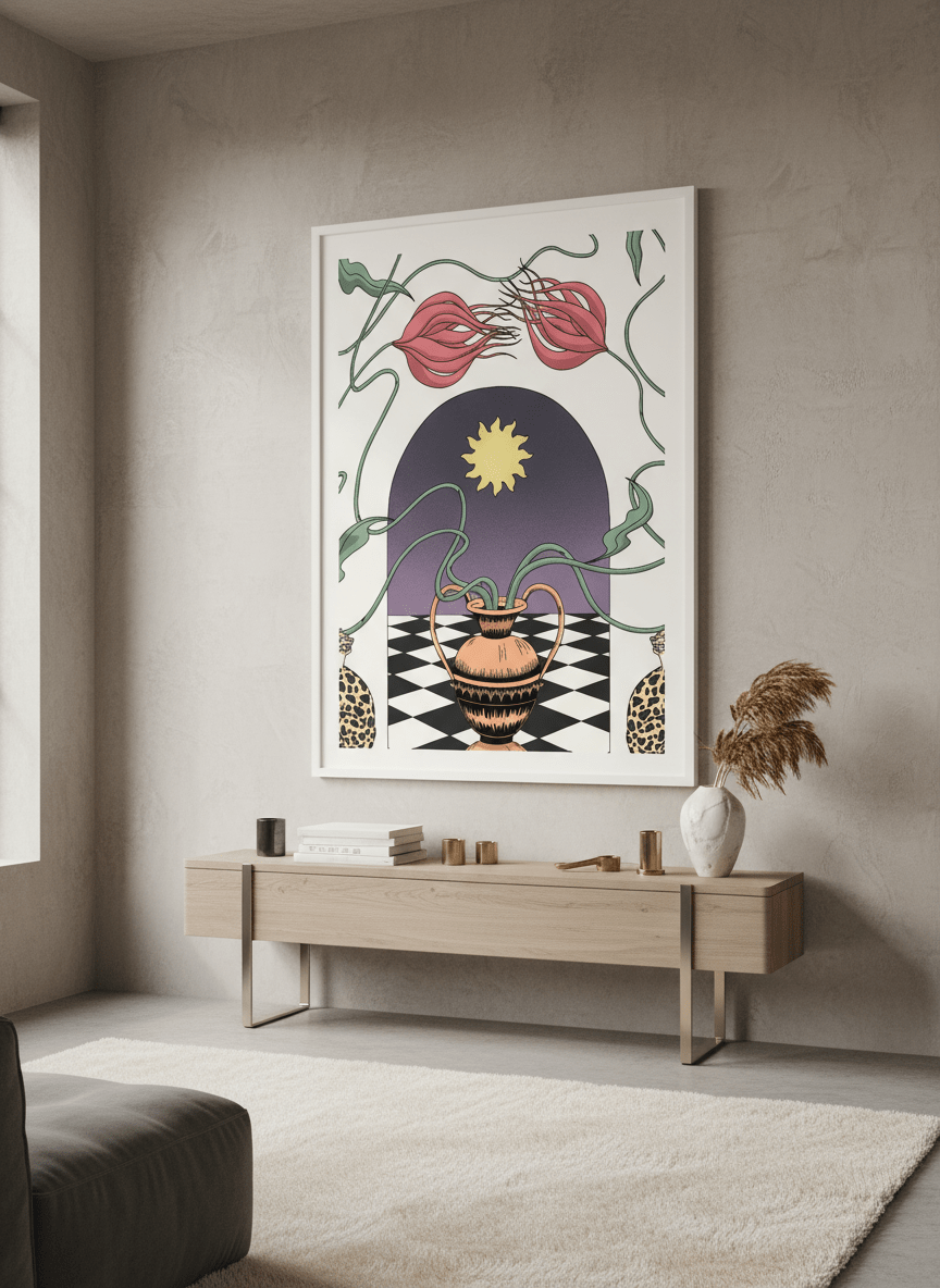 Monumental artwork centred on a feature wall in a luxe interior