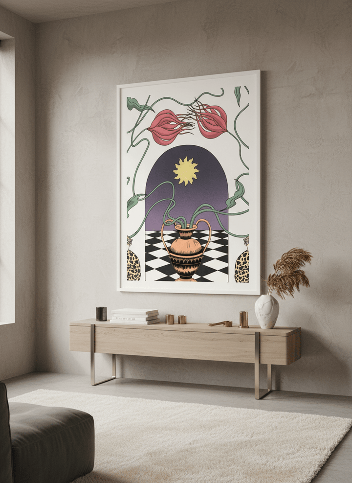 Monumental artwork centred on a feature wall in a luxe interior