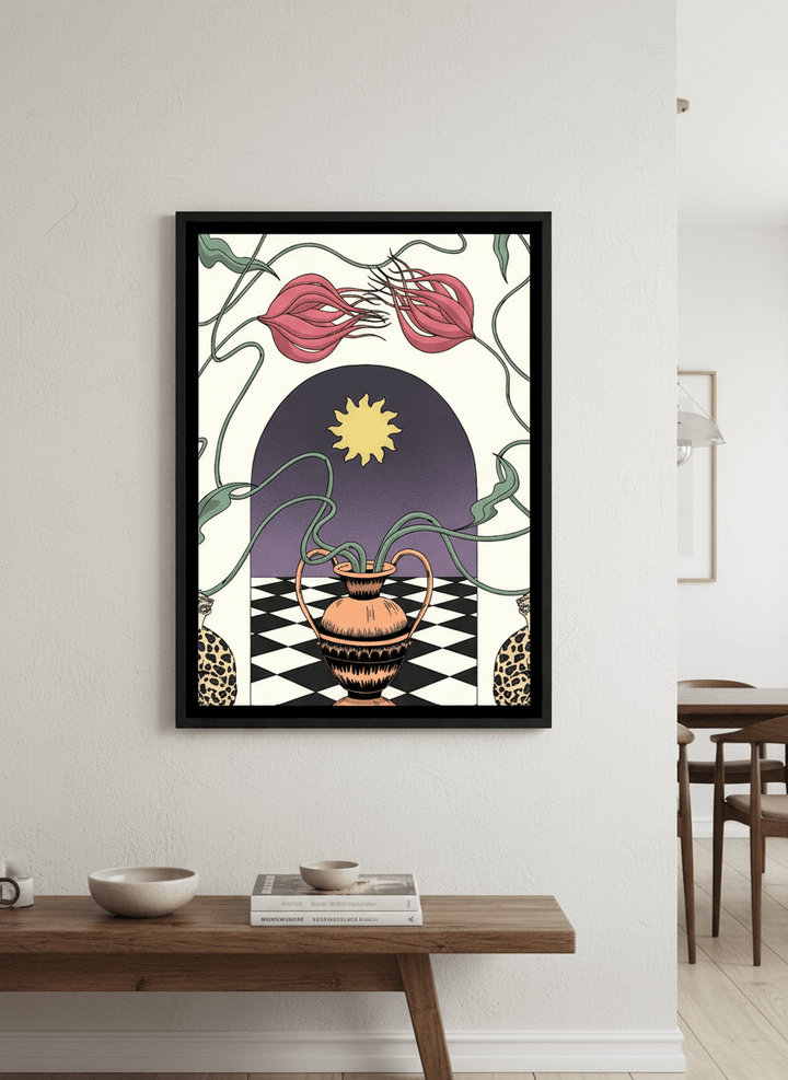 Wall art styled above a dining table in a contemporary home
