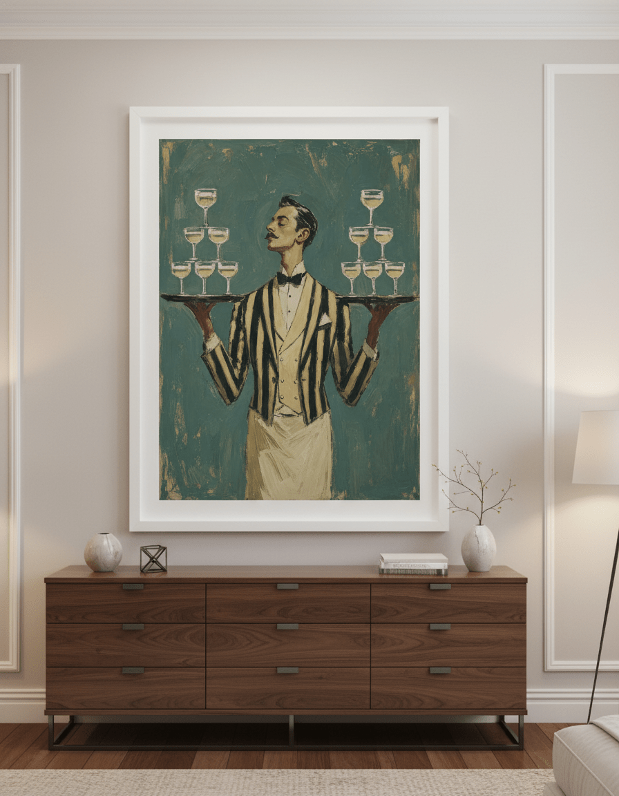 Monumental artwork centred on a feature wall in a luxe interior
