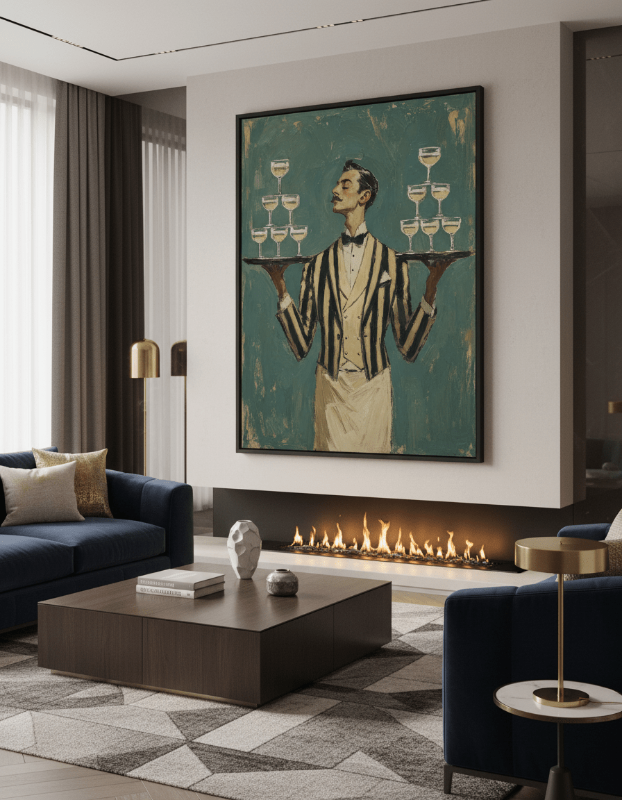 Monumental artwork centred on a feature wall in a luxe interior