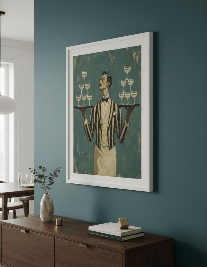 Wall art styled above a dining table in a contemporary home