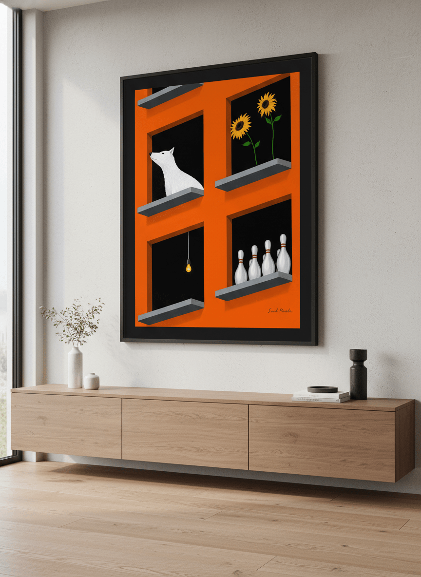 Modern wall art styled above a sofa in a neutral living room