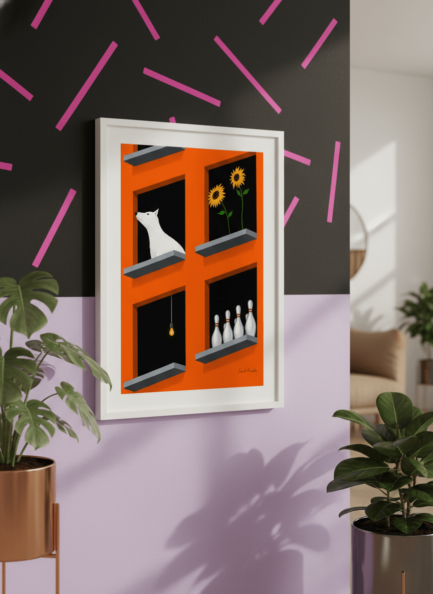 Bold wall art styled in a colourful, eclectic modern home