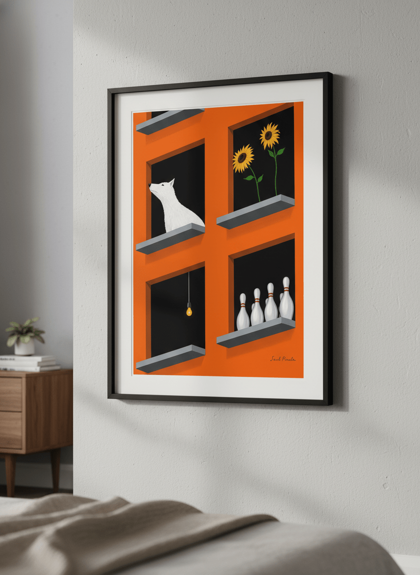 Minimalist artwork displayed in a calm, light-filled bedroom interior