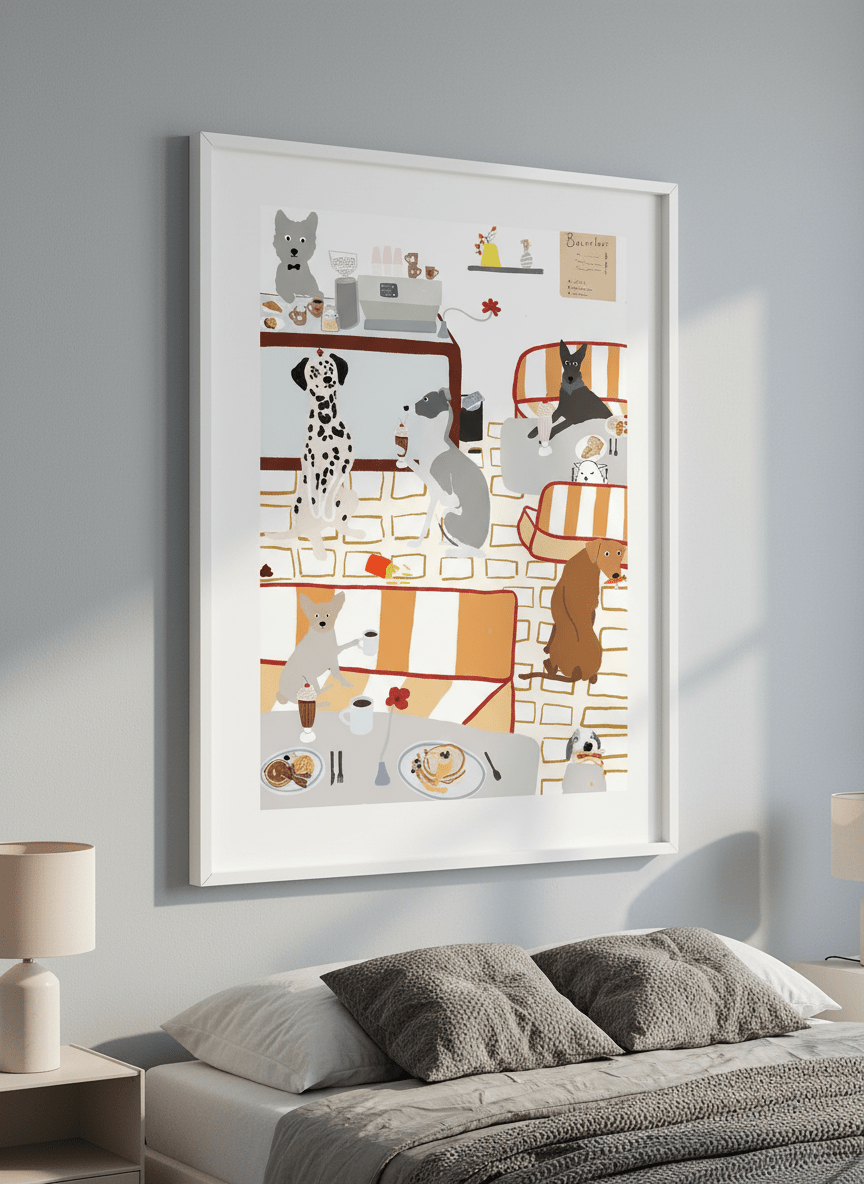 Minimalist artwork displayed in a calm, light-filled bedroom interior