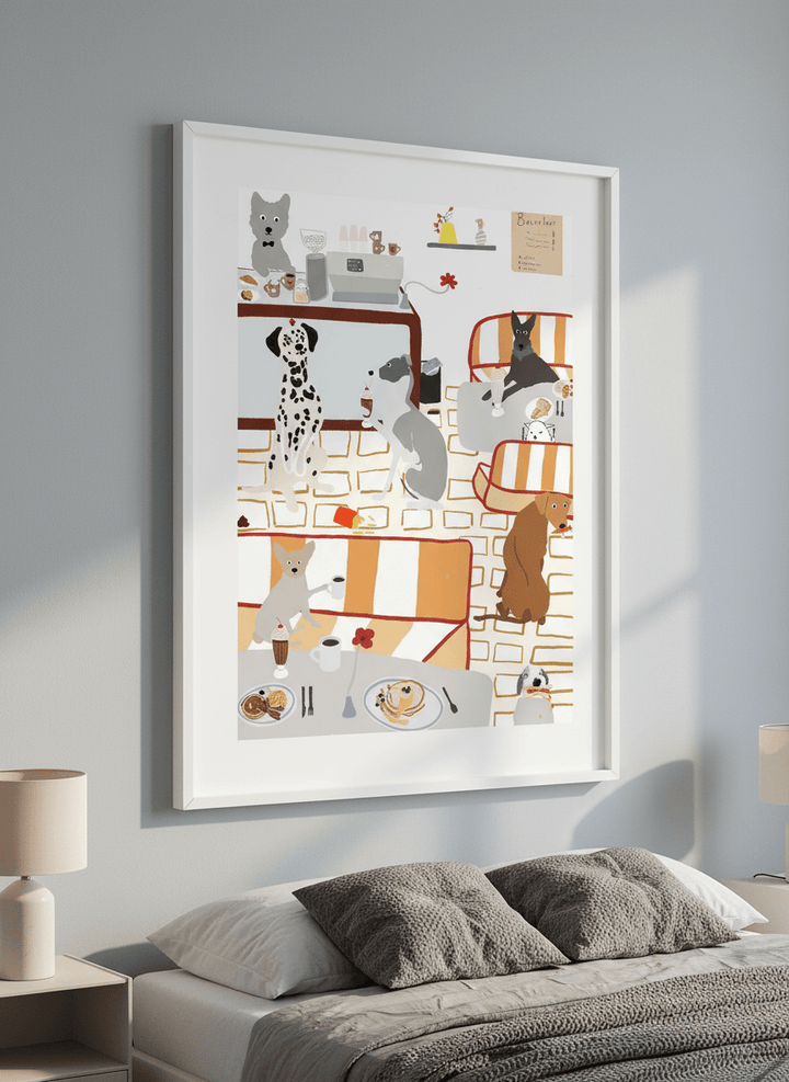 Minimalist artwork displayed in a calm, light-filled bedroom interior