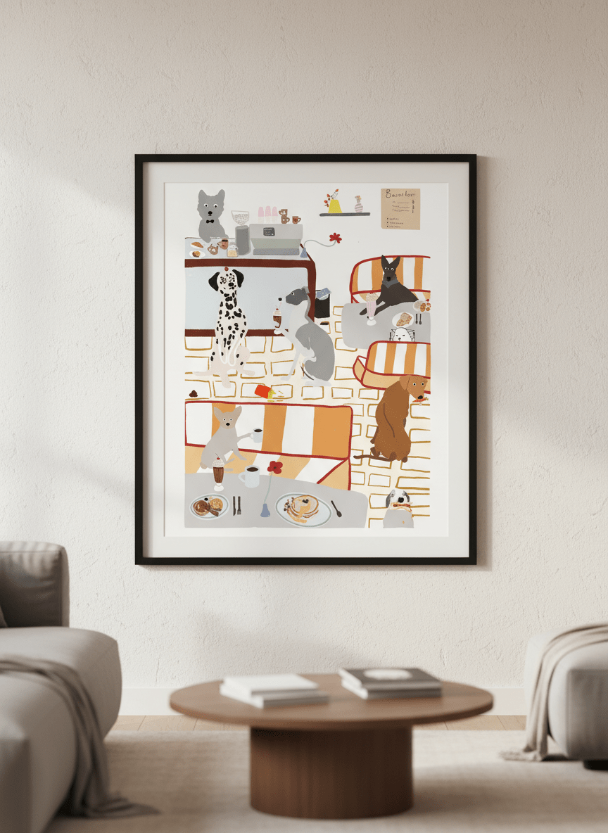 Modern wall art styled above a sofa in a neutral living room