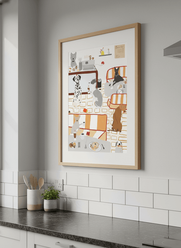 Artwork styled on the wall of a bright modern kitchen