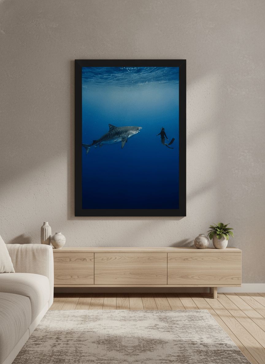 Modern wall art styled above a sofa in a neutral living room