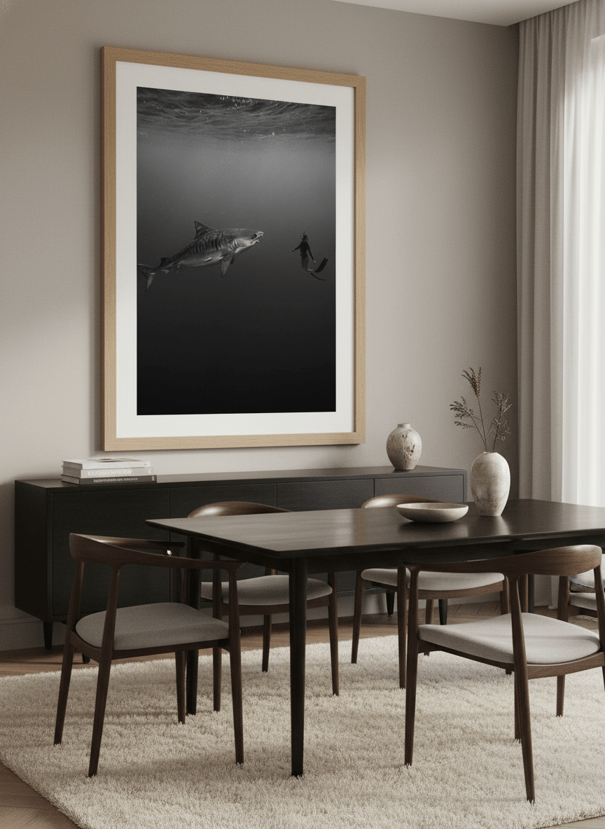 Monumental artwork centred on a feature wall in a luxe interior