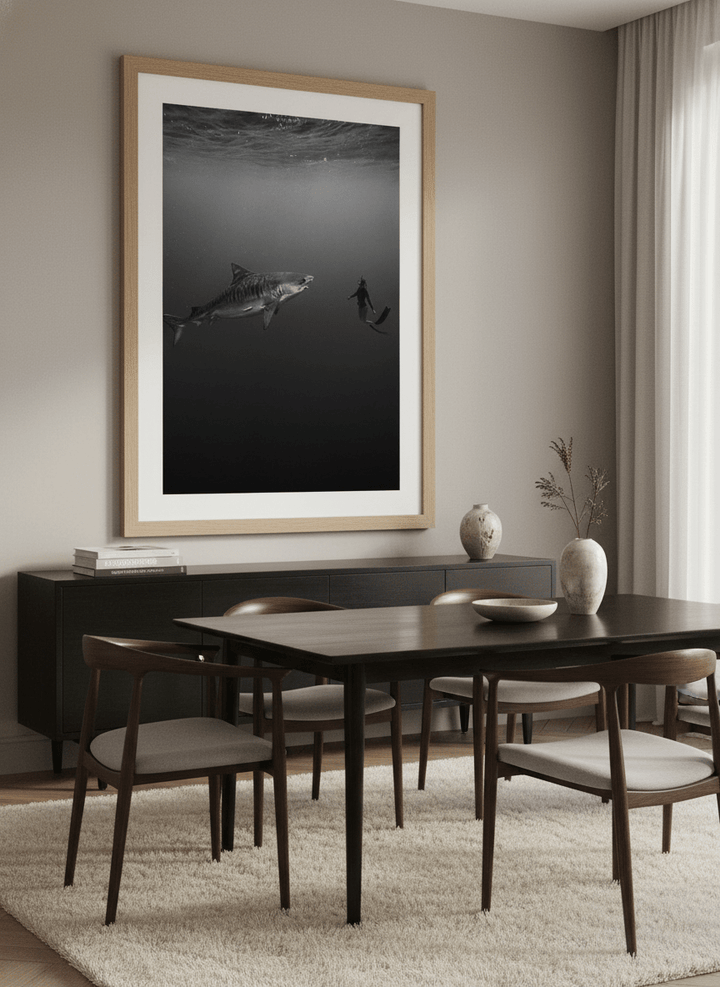 Monumental artwork centred on a feature wall in a luxe interior