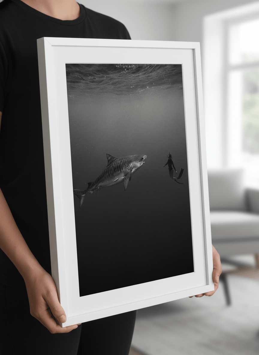 Person showcasing the artwork against a clean modern interior wall