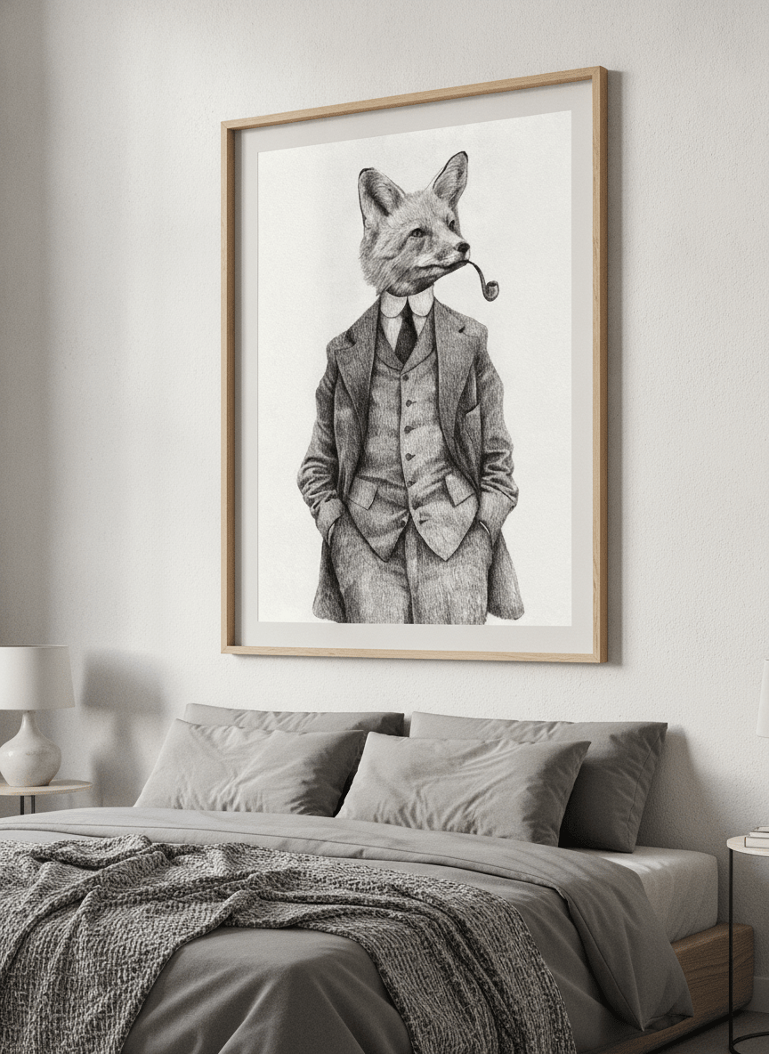 Minimalist artwork displayed in a calm, light-filled bedroom interior