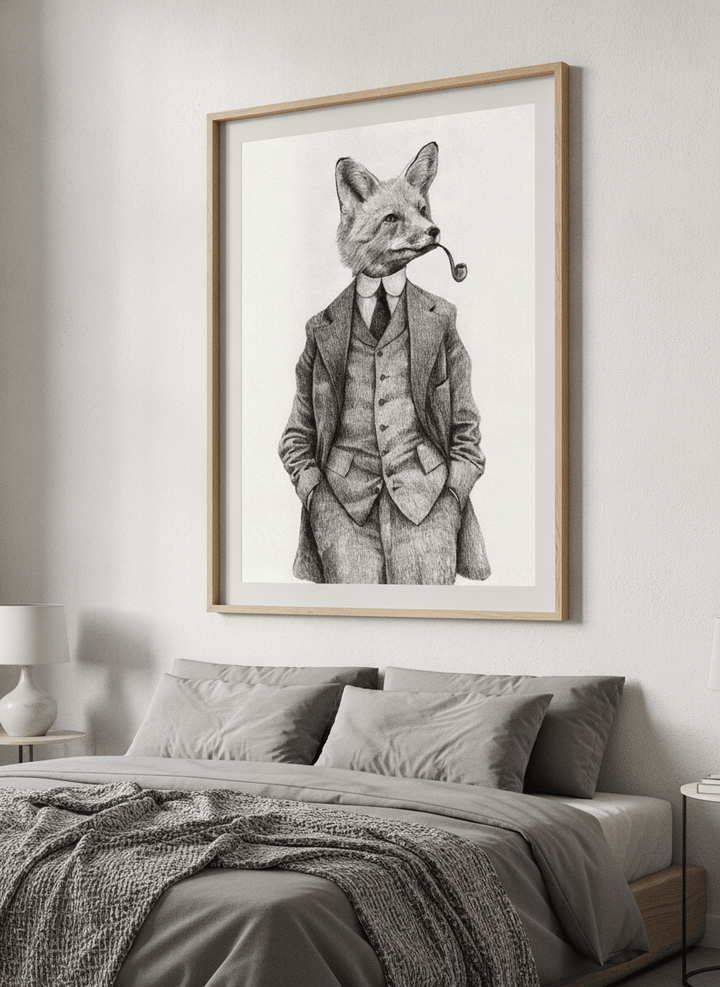 Minimalist artwork displayed in a calm, light-filled bedroom interior