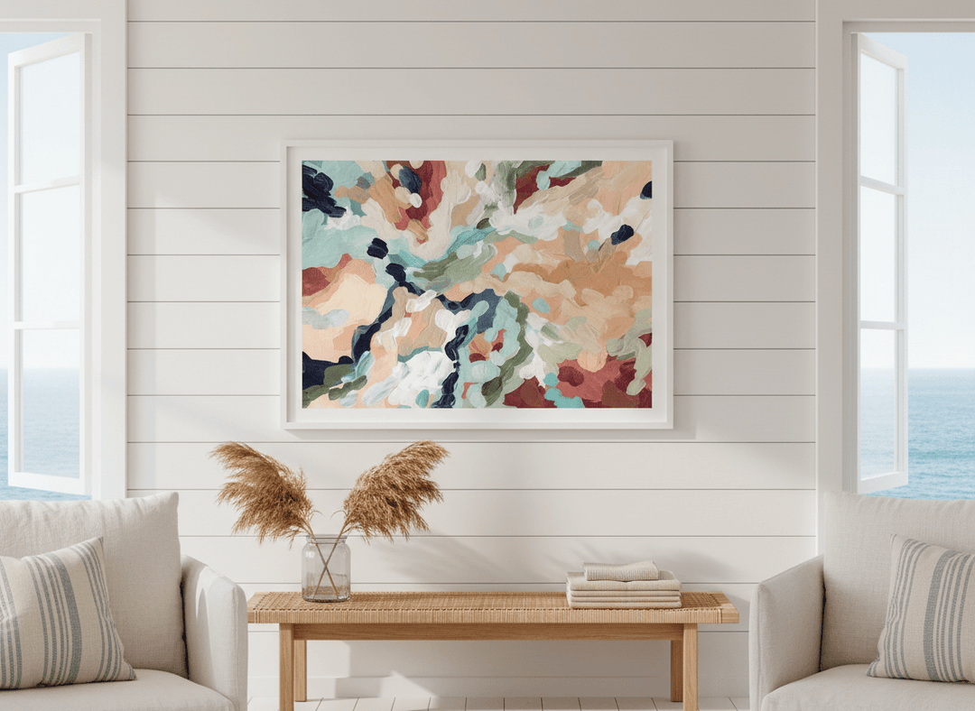 Neutral wall art displayed in a sunny coastal beach house