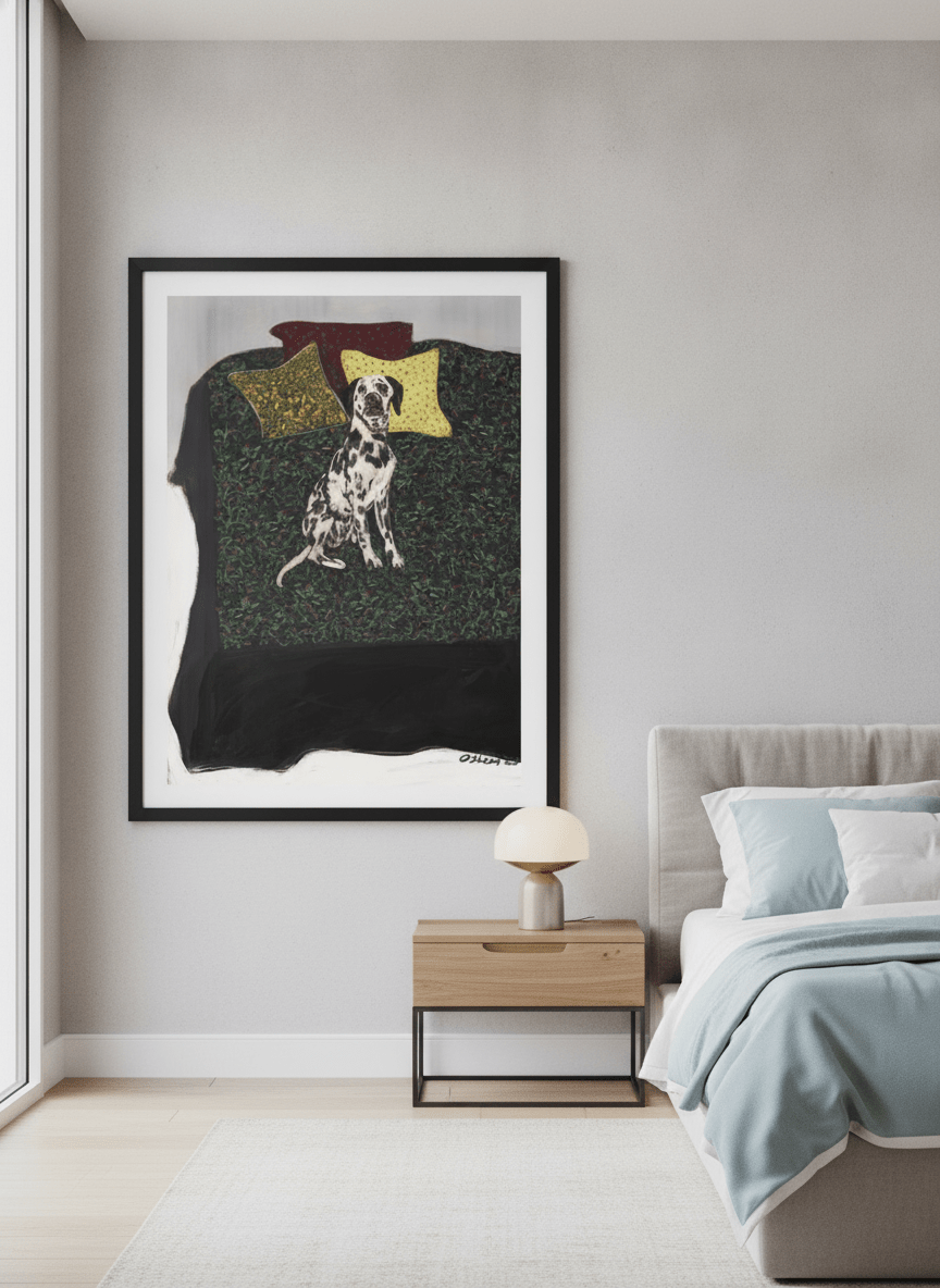 Minimalist artwork displayed in a calm, light-filled bedroom interior