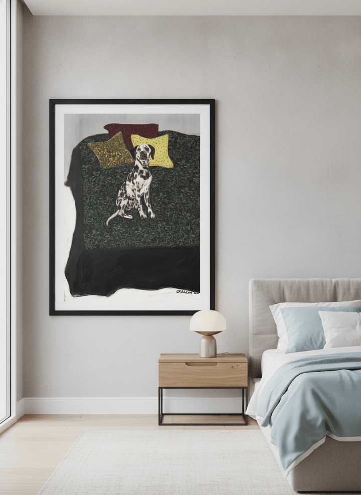 Minimalist artwork displayed in a calm, light-filled bedroom interior