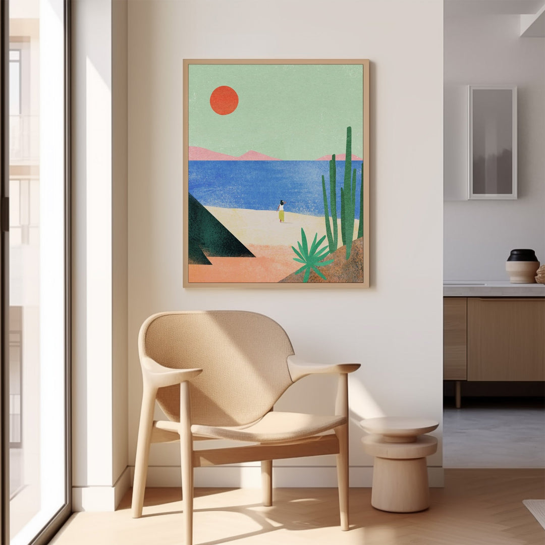 Modern interior with a beige chair, abstract painting, and cactus plant.