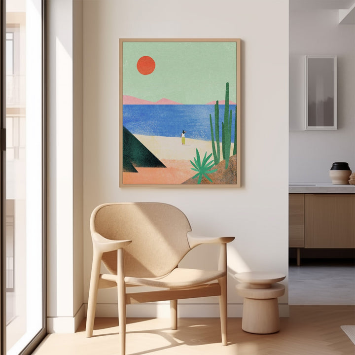 Modern interior with a beige chair, abstract painting, and cactus plant.