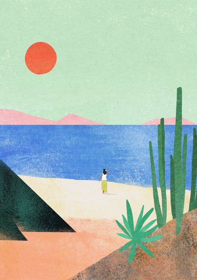 Surreal landscape with a person standing on a beach, mountains, and a red sun. framed