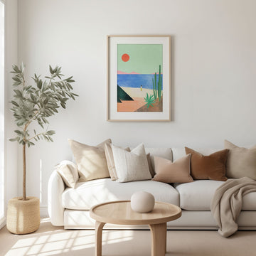 Modern living room with a white sofa, wooden coffee table, and colorful abstract painting on the wall.