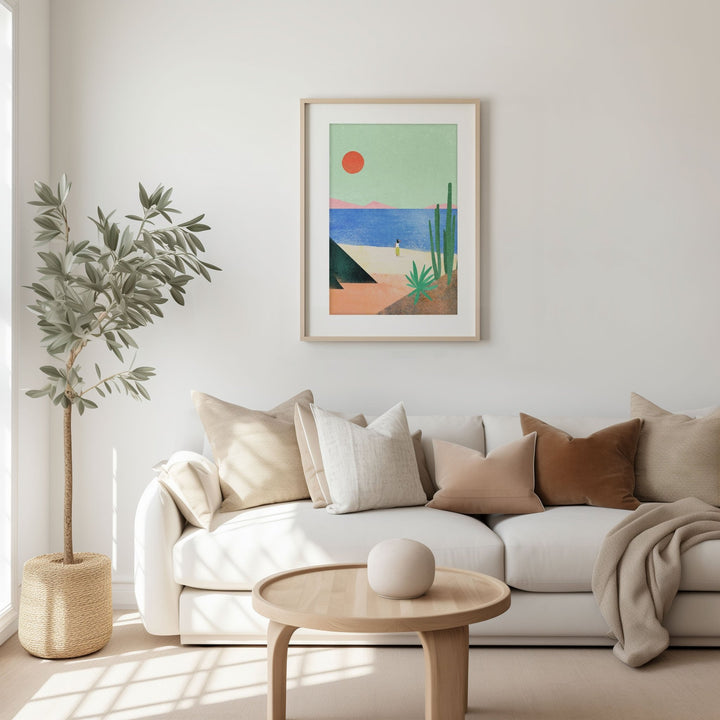 Modern living room with a white sofa, wooden coffee table, and colorful abstract painting on the wall.