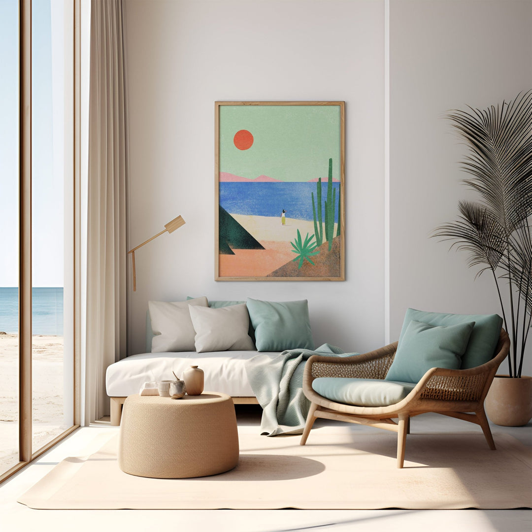 Modern living room with a beach-themed painting, sofa, and chair.