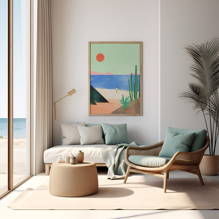 Modern living room with a beach-themed painting, sofa, and chair.