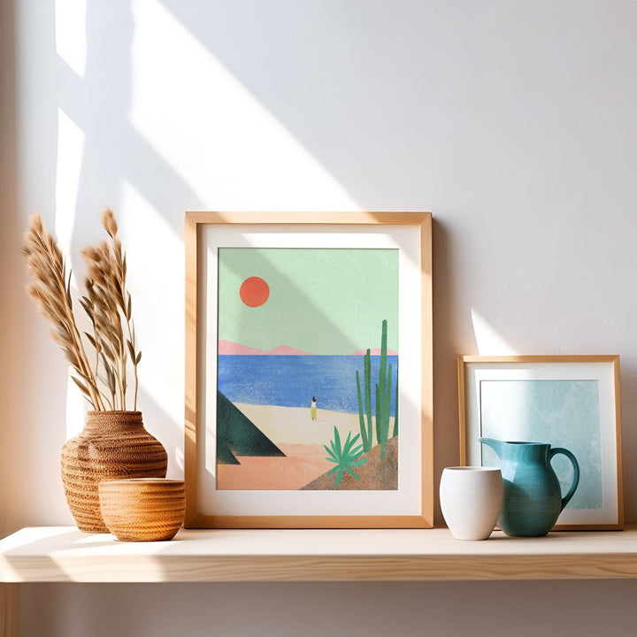Artwork on a shelf with decorative items