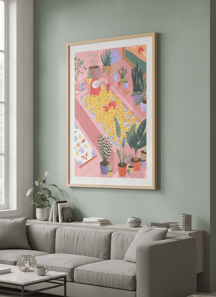 Modern wall art styled above a sofa in a neutral living room